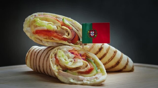 Twirling appetizing wrap sliced in half with tender fried pork, crisp cabbage, tomatoes, cucumbers, onion, spicy sauce in soft flatbread and Portugal flag, symbolizing Lisbon traditions from markets