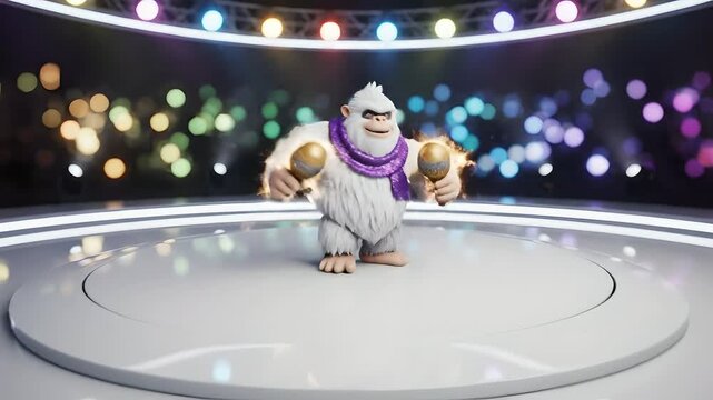 White Yeti mascot plays maracas on vibrant stage with bokeh lights and glowing rings. Perfect for Cinco de Mayo holiday promos, festival ads, party events, entertainment content