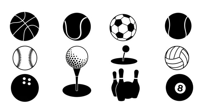 A clean set of black and white silhouette icons representing various popular sports balls and equipment.