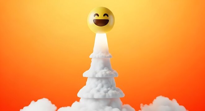 Smiling emoji blasts off, represented as a rocket, against an orange to yellow gradient