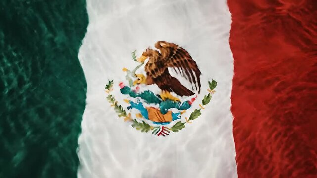 Mexican flag waving with water droplets glistening on fabric, vibrant national colors celebrating Cinco de Mayo and Mexican heritage.