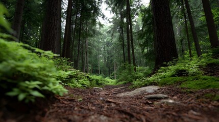 Fototapeta premium A serene low angle view of a forest path winding through dense green trees and lush undergrowth conveying a sense of peaceful solitude