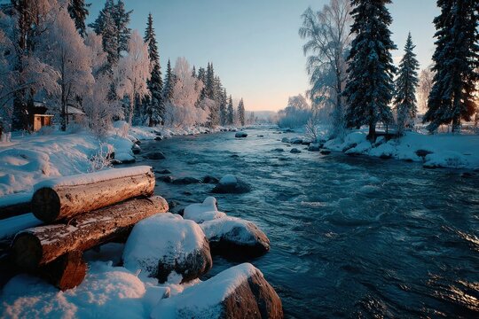 Snowy riverbank at dawn.  Frozen trees and logs border a flowing river