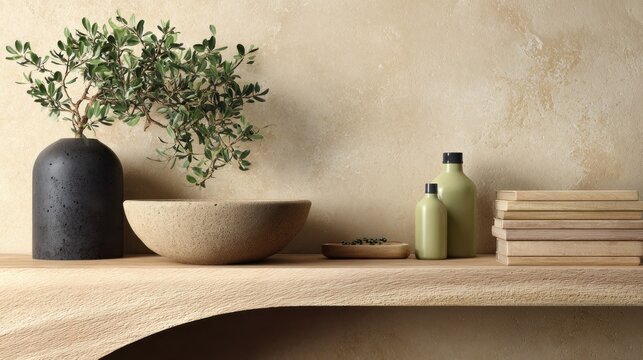 Minimalist composition featuring a wooden shelf with decorative objects and foliage