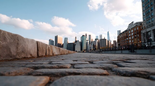 Low angle view of a cobblestone path leading to a vibrant city skyline under a partly cloudy sky