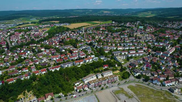 Aerial view of the city Backnang in Germany on a sunny day in spring.