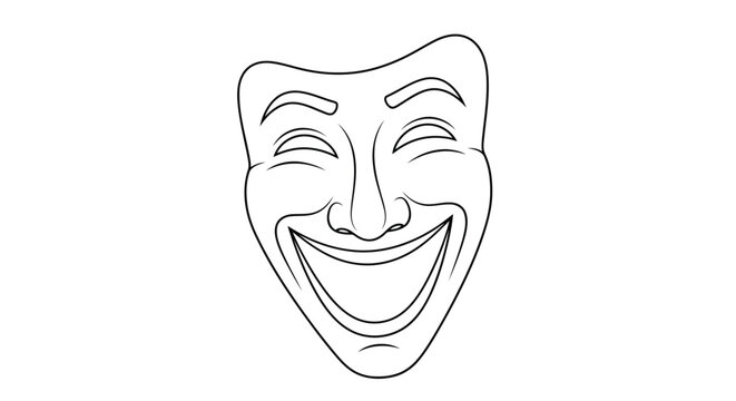 A black and white vector illustration of comedy and tragedy theater masks featuring a smiling character face and an evil old sketch design
