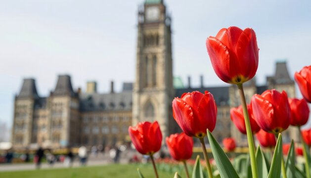Red tulips blooming in front of the Parliament Hill Peace Tower in Ottawa. Spring season celebration in Canada. Iconic Gothic Revival architecture and floral scenery for travel concept.