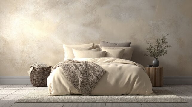 Elegant bedroom interior with bed and decorative elements neutral colors
