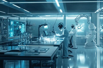 Fototapeta premium Futuristic laboratory with robotic assistants and advanced technology