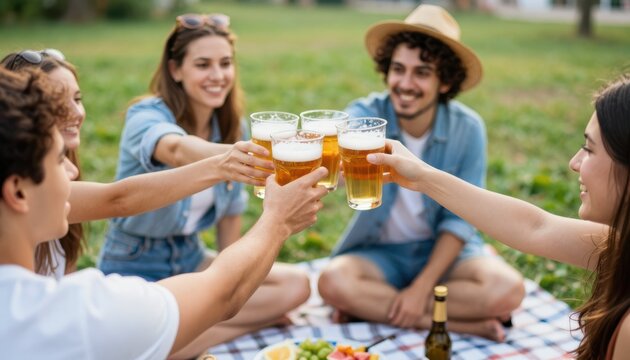 Cheers and celebration friends enjoying beer on a picnic park candid photography vibrant outdoors group gathering