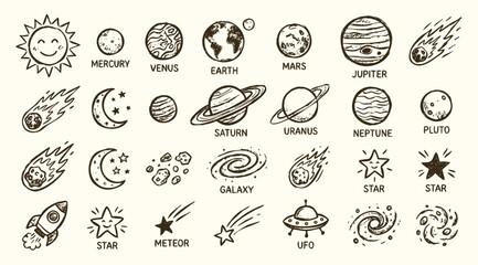 Hand Drawn Solar System Planets and Outer Space Doodle Set © Avartde