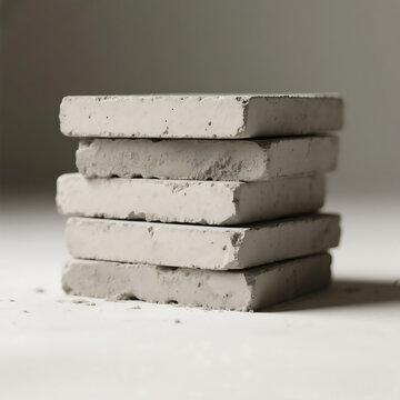 Stack of rough square concrete blocks and stone tiles with textured raw surfaces on plain background