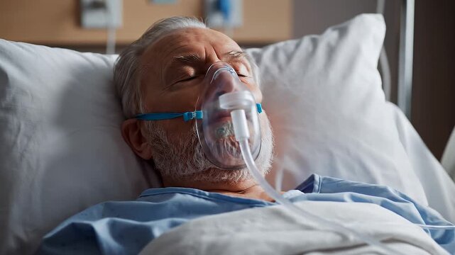 Elderly man in hospital bed with oxygen.