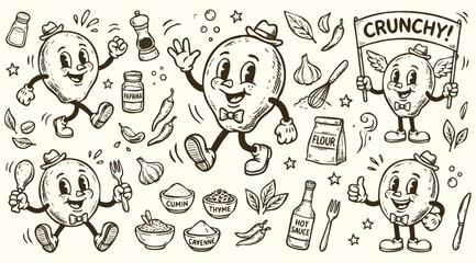 Obraz premium Vintage Cartoon Fried Chicken Character and Cooking Ingredients Doodle Set