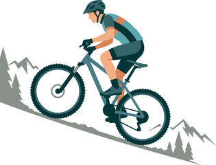 Naklejka premium Dynamic flat vector of a mountain biker climbing a steep trail. Ideal for outdoor adventure branding, cycling club logos, mountain resort graphics, and fitness apparel designs. Clean and professional.