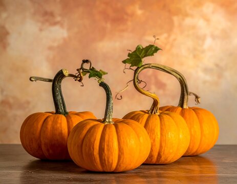 Still life composition with four mini-pumpkins featuring curved stems and green leaves against a textured, orange and cream background