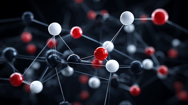 Abstract molecular structure featuring red and white spheres connected by thin lines on