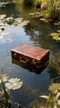 Vintage leather suitcase floating on a calm pond water surface surrounded by green lily pads and lush natural aquatic plants