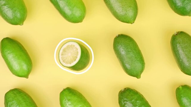 Macro of Green Lemons on Yellow Background: Grid Pattern, Pulp Detail, and Masher Crushing Lime Slices for Summer Drink Ads
