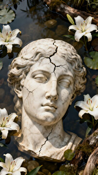 Cracked classical stone sculpture head of a woman surrounded by white lily flowers floating in water