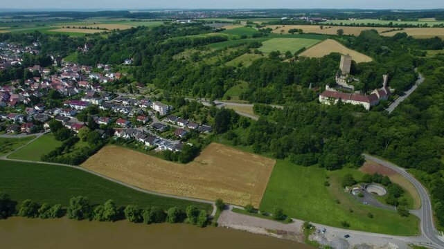 Aerial view of the old town city Heinsheim in south Germany . On a sunny day in Spring. 