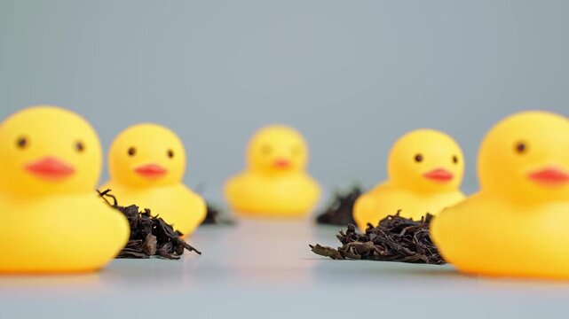 Creative Rack Focus of Yellow Rubber Ducks and Dried Black Tea Leaves on Gray Background, Conceptual Pop Art