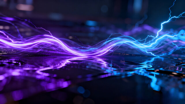 Abstract futuristic neon purple and blue electric lightning arcs with water reflection background