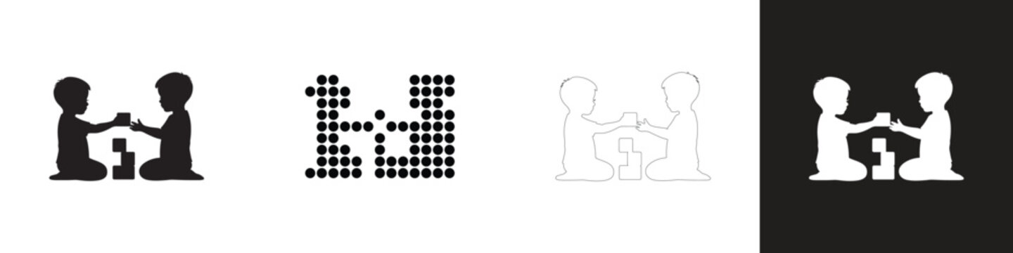 Kids Building Block Tower Together Silhouette