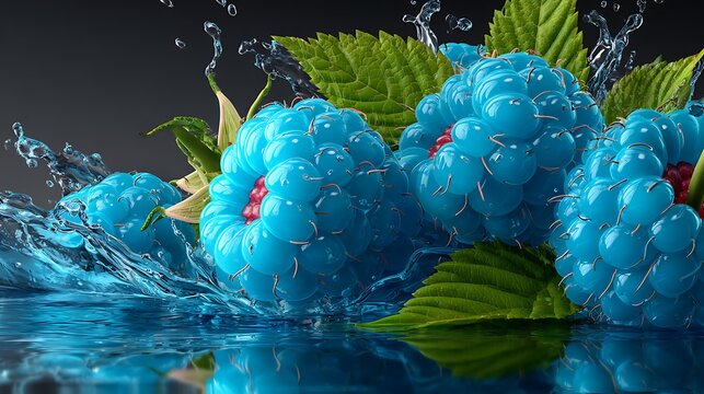 Bright blue raspberries with green leaves splashing into water with droplets on dark