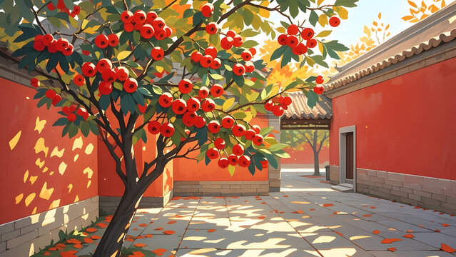 Red loquat fruits on tree in traditional Chinese courtyard with autumn leaves