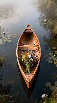 Wooden canoe filled with a colorful bouquet of wildflowers floating on a calm river covered with lily pads in a misty morning landscape
