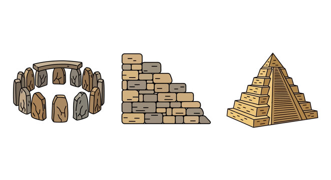 Ancient stone structures and pyramid.