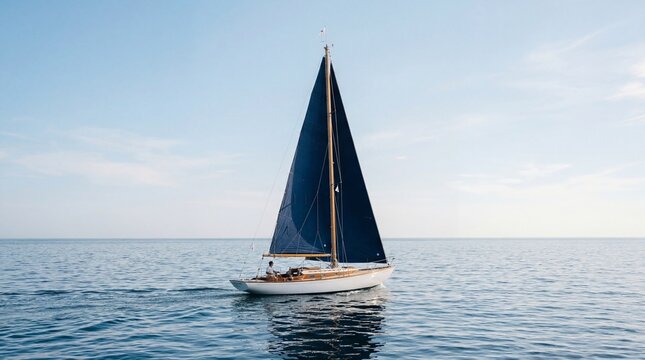 A stunning blue-sailed sailboat elegantly cruises the vast, calm ocean under a clear sky, portraying freedom, adventure, and peaceful open-water travel