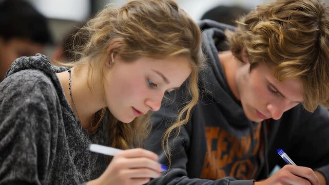 Students engage in focused study while working on classroom assignments in a quiet educational environment during school hours