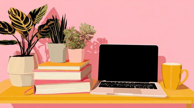 Desktop scene features multiple potted plants stacked books and an open portable computer beside a beverage container