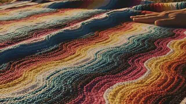 Hand touching colorful woven Cinco de Mayo Mexican blanket, festive pattern close-up. Perfect for holiday greetings, cultural celebration, fiesta banners, and warm festival themes.