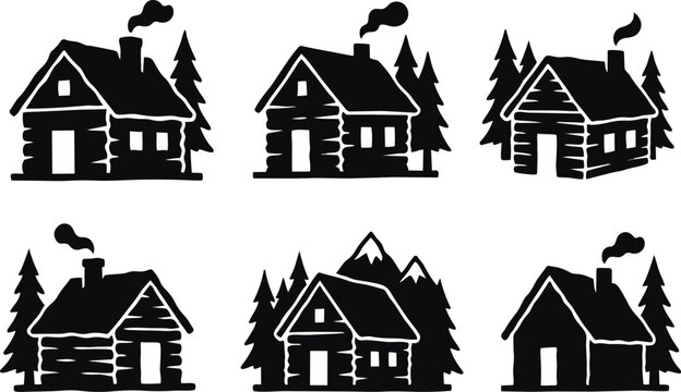 A set of black silhouettes of log cabins on transparent background