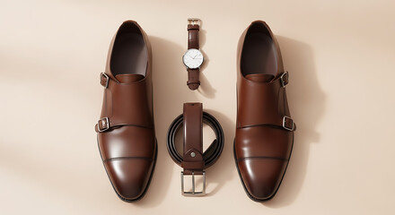 Fototapeta premium Flat Lay of Elegant Men's Fashion Accessories Including Brown Leather Double Monk Strap Shoes, a Wristwatch, and a Matching Leather Belt, Sophisticated Set for a Modern Gentleman on a Beige Background