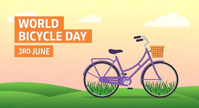 World bicycle day 3rd june illustration with a purple bike on green grass