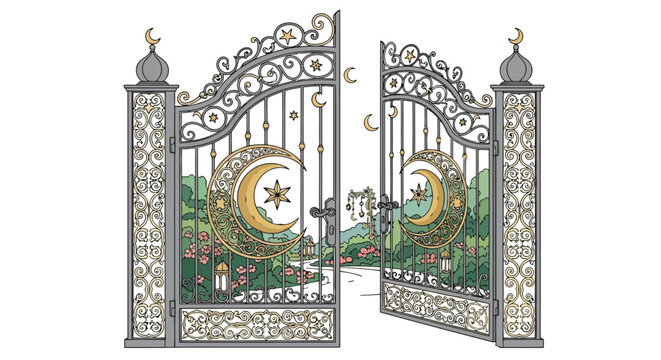 Ornate iron gates with crescent moon and star symbols illustration isolated on white background