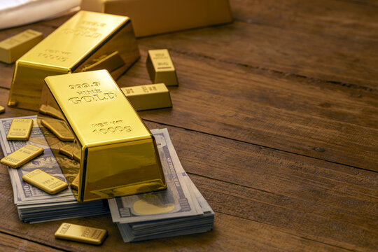 Gold Bars Stacked on Cash Dollar Bills - Wealth Investment Financial Security Stock Photo Image