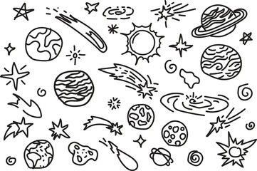 Hand-drawn doodles of planets and abstract cosmic elements, on white background © Zobair SEO Expert 