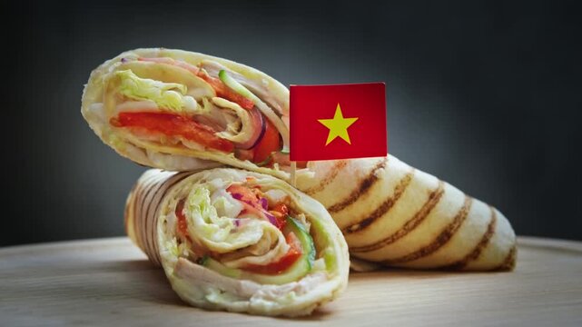 Twirling spicy roll sliced in half with tender fried pork, crunchy, pickled vegetables, cucumbers, sauce in classic bun and Vietnam flag