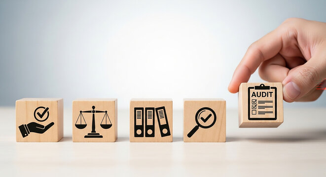 Auditing Concept: A hand arranges wooden blocks bearing legal and financial icons, symbolizing the process of auditing, regulation, and verification.