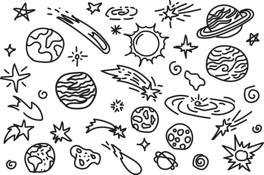 Hand-drawn doodles of planets and abstract cosmic elements, on white background