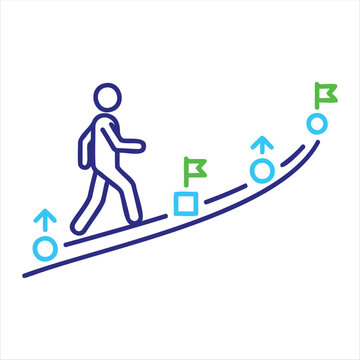Person walking up a rising trend line with multiple flag checkpoints illustrates the journey toward achieving long-term personal and professional growth.