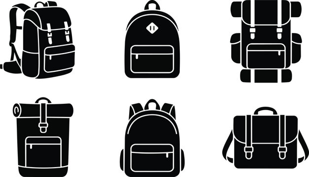 A set of six different backpacks and bags on transparent background
