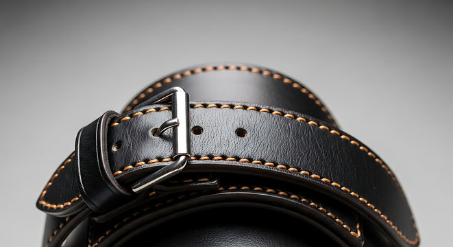 Close-up Detail of a Black Leather Belt with a Silver Metal Buckle and Orange Stitching, High-Quality Fashion Accessory for Men, Concept of Craftsmanship and Durable Style on a Neutral Background.