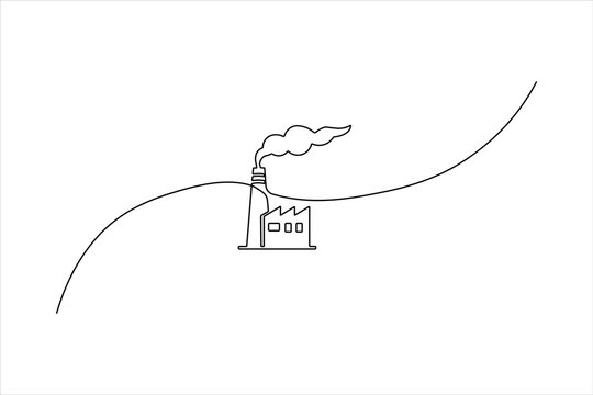 Minimalist continuous one-line drawing of a factory building with a gear and smoke, symbolizing industrial production and Labour Day.